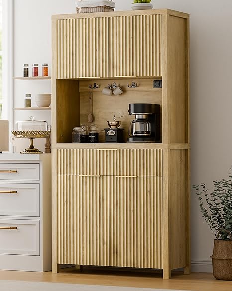 Fluted Pantry Cabinet with Charging Station & Adjustable Shelves