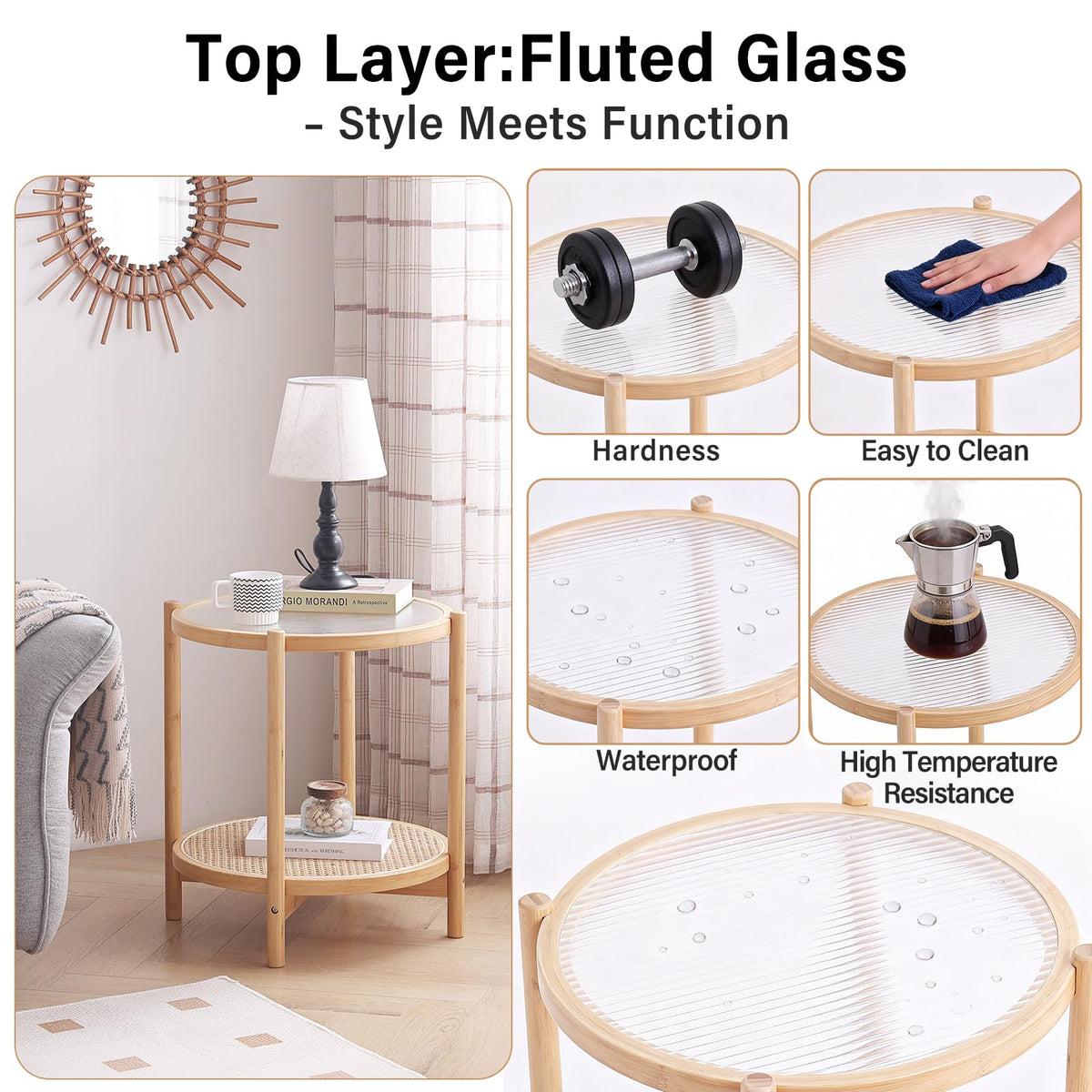 Tiita Rattan Side Table, Modern Round Bamboo End Table, Glass Top, Wood