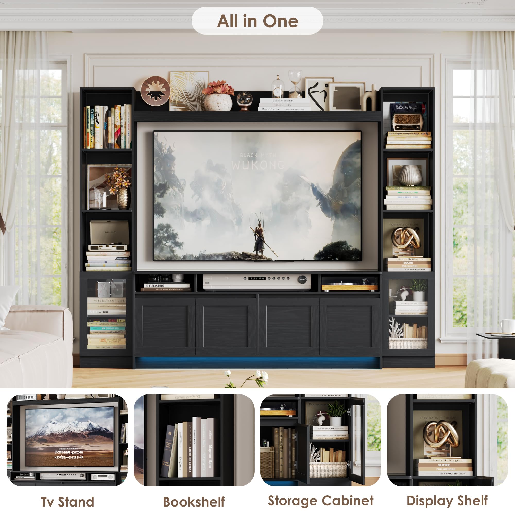 FACBOTALL 79" W Entertainment Center with Bookshelves & Storage Cabinet, Modern Wall Unit TV Stand for TVs up to 60", Large TV Console with LED Lights for Living Room, Black