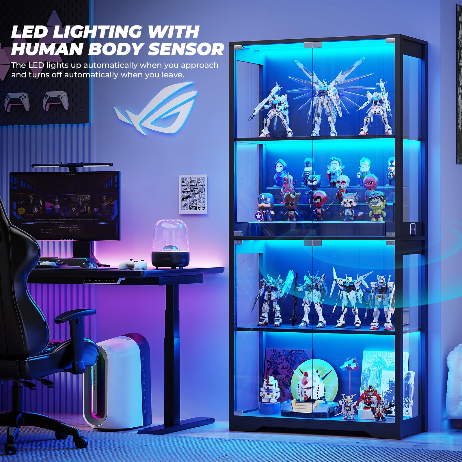 4-Tier Glass Display Cabinet with LED Lights