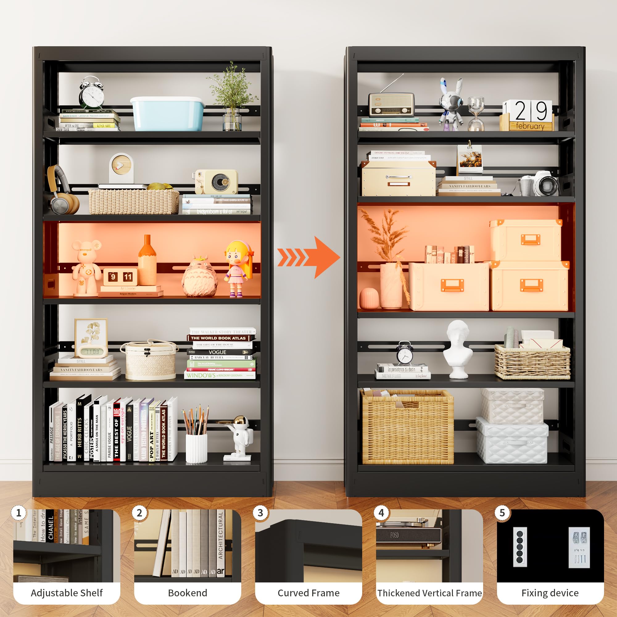 InaryLof Heavy Duty Metal Bookshelf, 71” Tall 5-Tier Bookcase, 300LB Capacity Per Shelf, Adjustable Steel Shelves, Wide Industrial Bookcase for Living Room, Home Office, Library, Garage, Black
