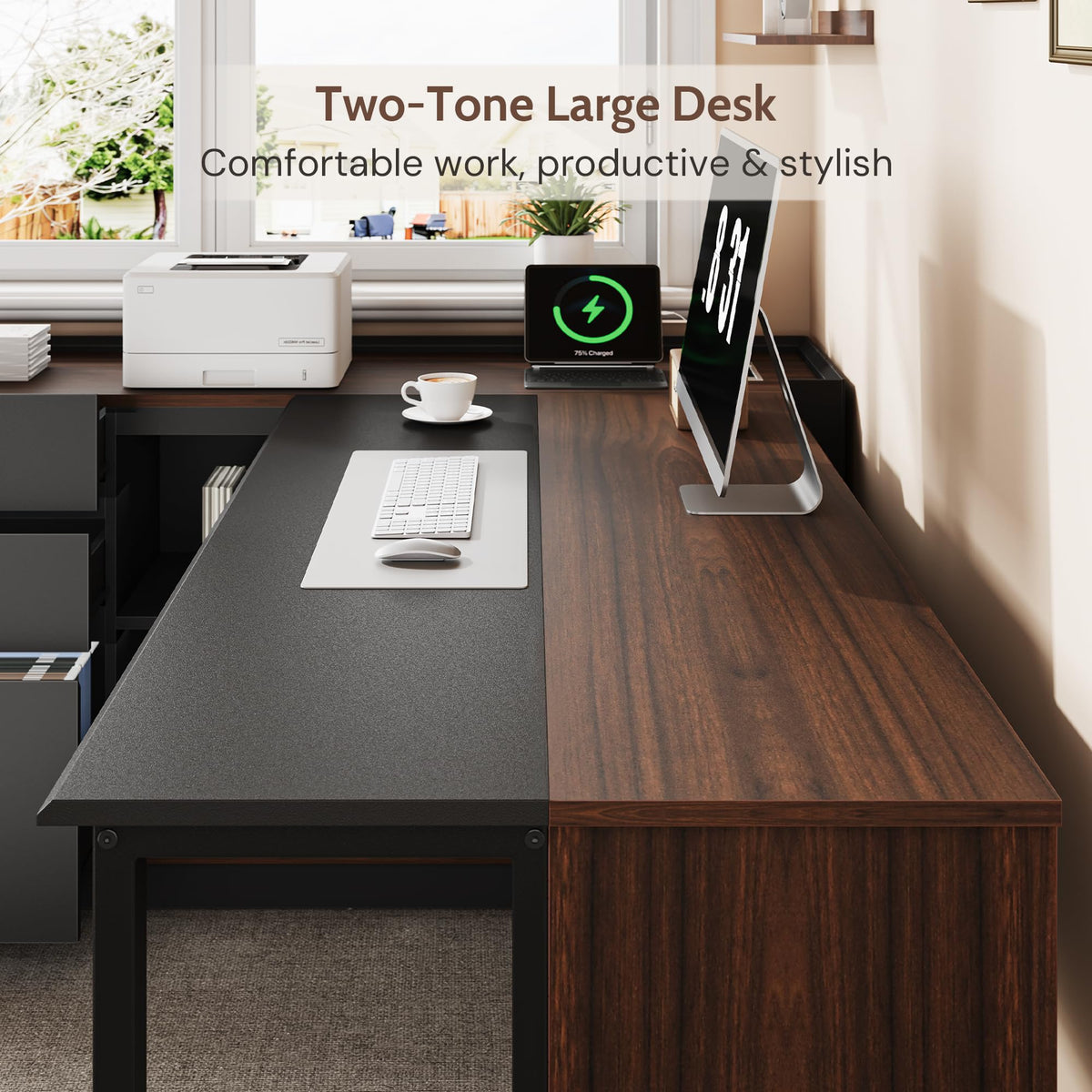 Vividwood 70" Executive Desk with Cabinet Storage, L-Shaped Office Desk with 3 Drawers and Shelves, Large Computer Desk Business Furniture for Home Office (Brown & Black)