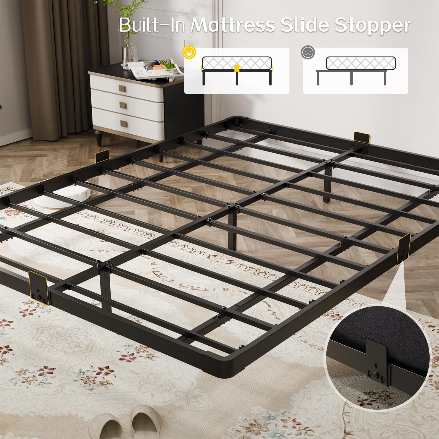 Floating Metal Platform Bed Frame with LED Lights & Charging Station