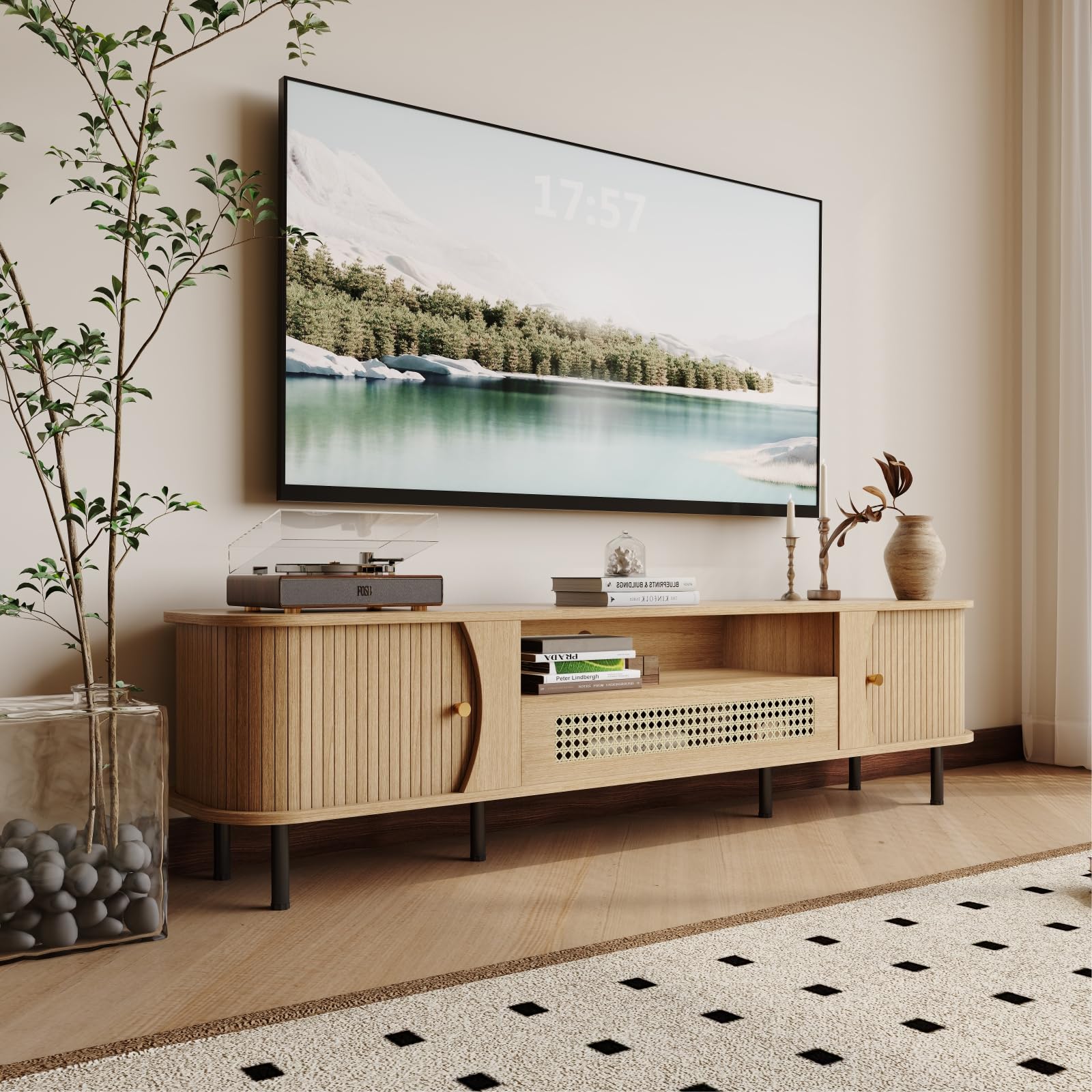 basenji 71" Mid Century Modern TV Stand, Wood TV Consoles with Sliding Doors and Rattan Door, Entertainment Center with Adjustable Shelves, Fluted TV Stands for Living Room, Wood
