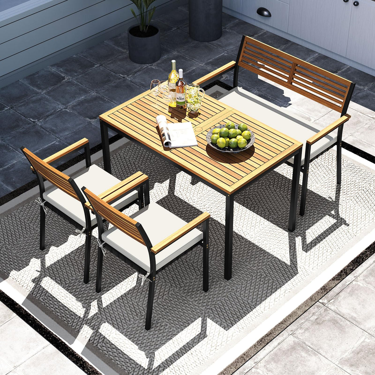 Tangkula 4 Piece Acacia Wood Outdoor Dining Set with 2 Stackable Armchairs