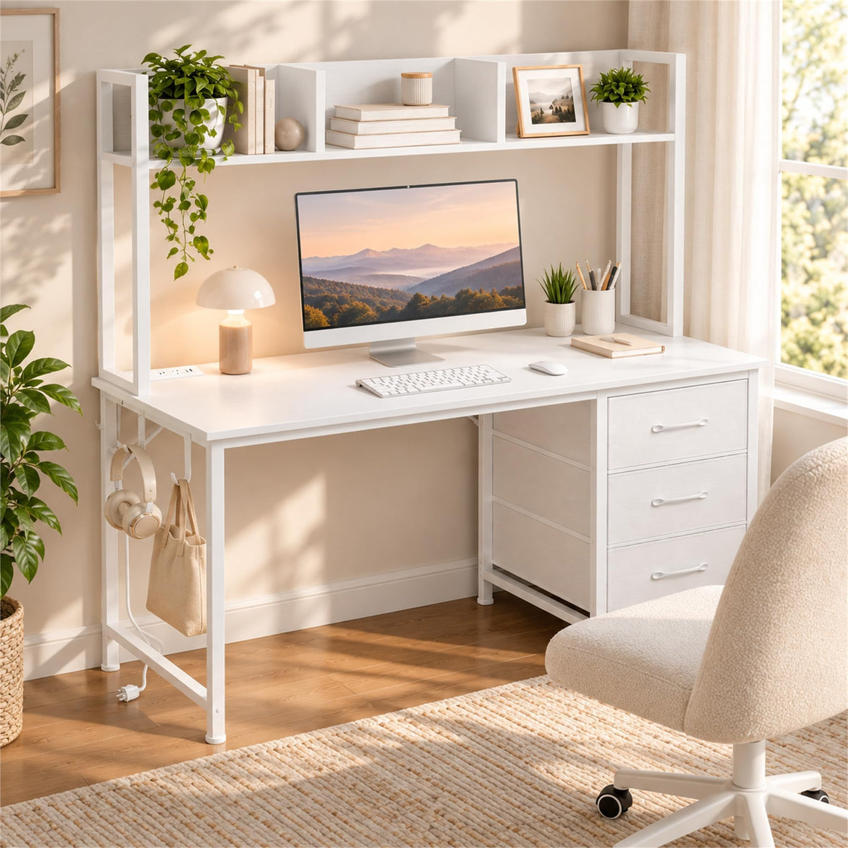 DLisiting White Computer Desk with Hutch & Drawers, 47 Inch