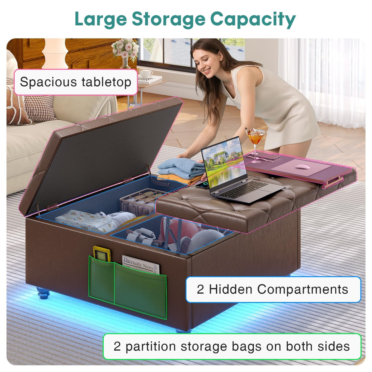busyaeh Storage Ottoman Coffee Table,Square Ottoman Bench with LED Lights