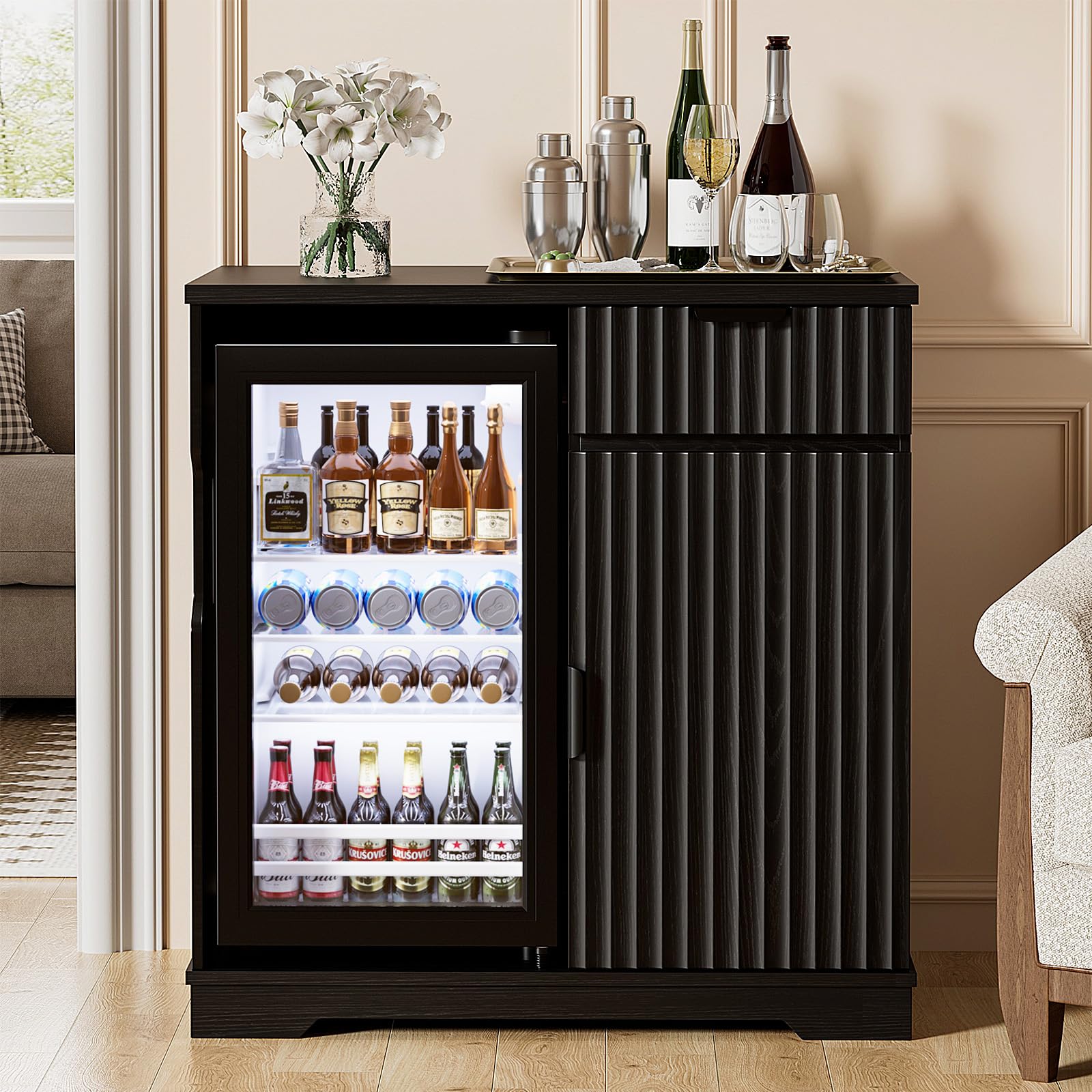 Aauro Home Mini Fridge Cabinet (Fridge Included), Fluted Coffee Bar Cabinet with Refrigerator, Pull Out Drawer & Storage Cabinets, 31.5" Liquor Wine Bar Cabinet for Home, Kitchen, Dining Room, Blac