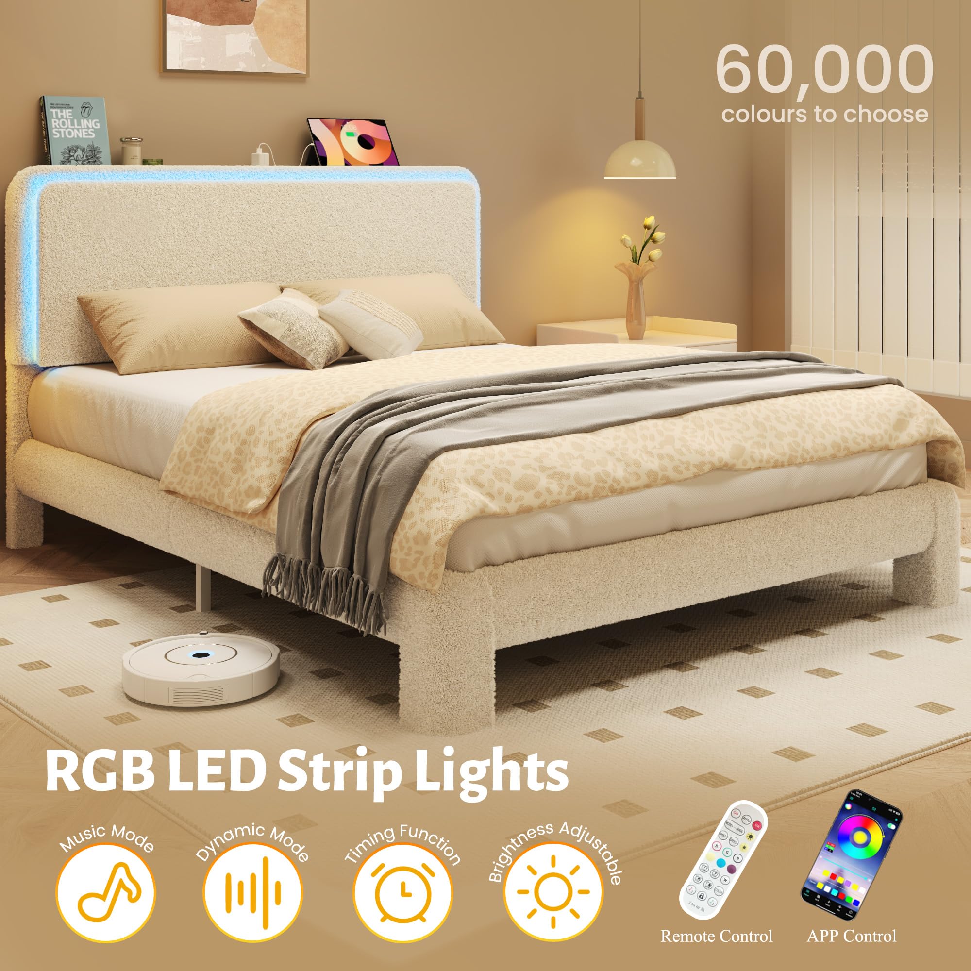 Lifezone Queen Upholstered Bed Frame, Sturdy Noise-Free Metal Support, Boucle Cloud Headboard with Charging Station & LED Lights, No Box Spring Needed, Beige