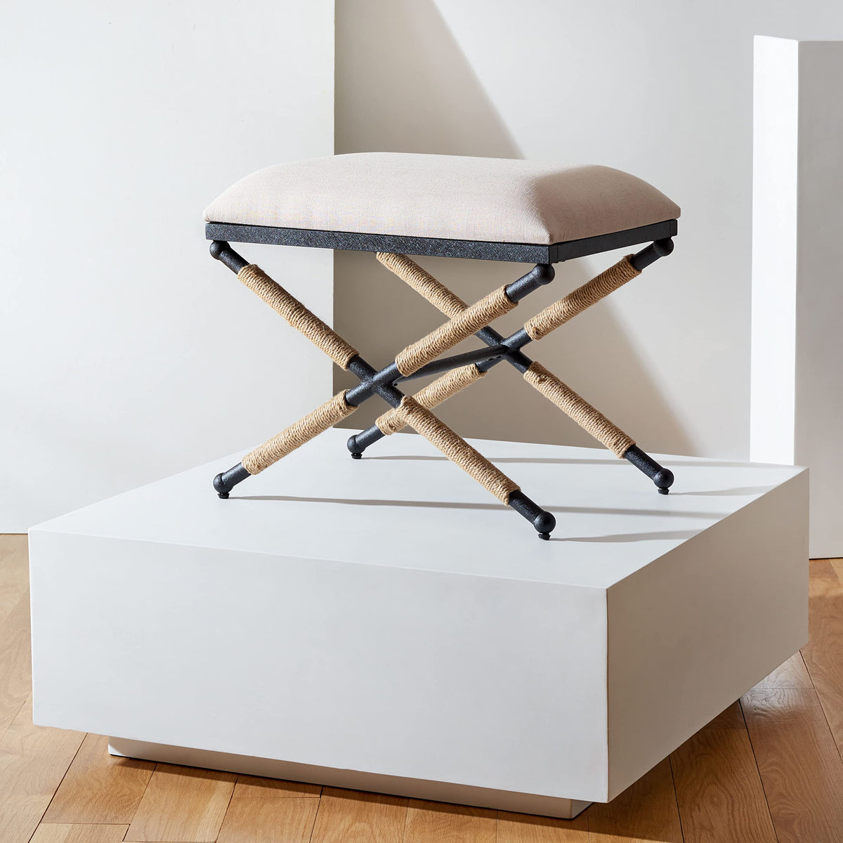 Hemp-Wrapped Linen Ottoman