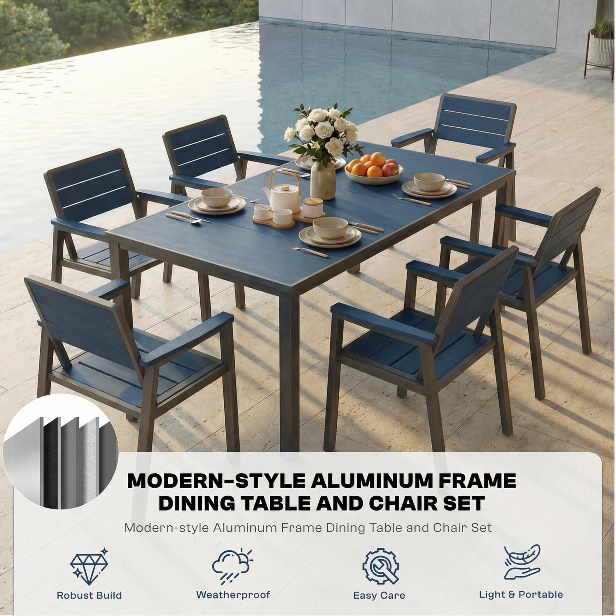 Patio Kingdom 7 Piece Patio Dining Set for 6, Outdoor HDPE Table and Chairs with Umbrella Hole, All Weather Outdoor Furniture for Backyard, Deck, Lawn, Poolside, Blue
