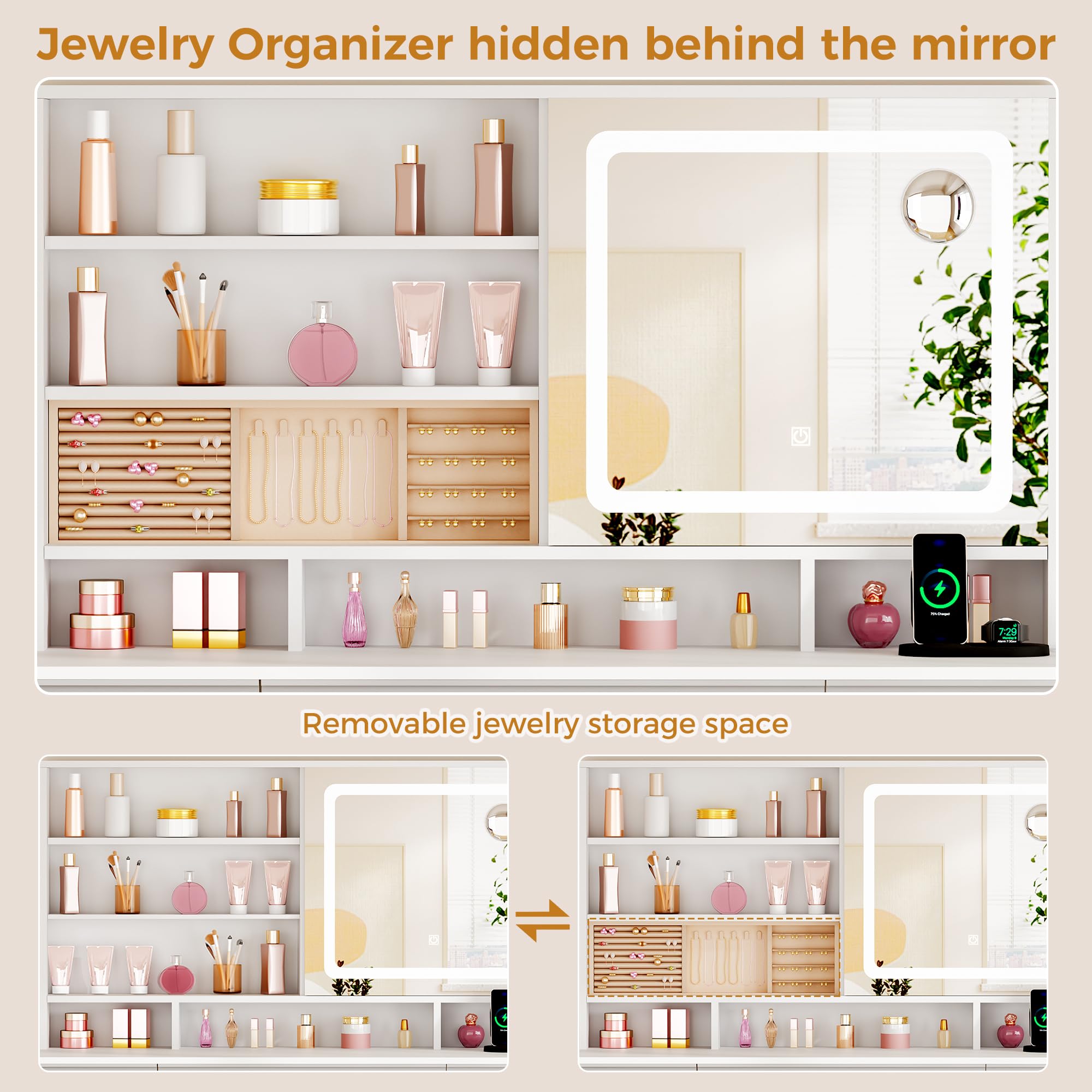 ANWBROAD 43'' Large Vanity Desk with Sliding Mirror and Lights, Makeup Vanity Table with Jewelry Organizer,11 Drawers,6 Shelves, 3Color Lights Makeup Desk with Stool and Power Outlet for Girls UBDT98X