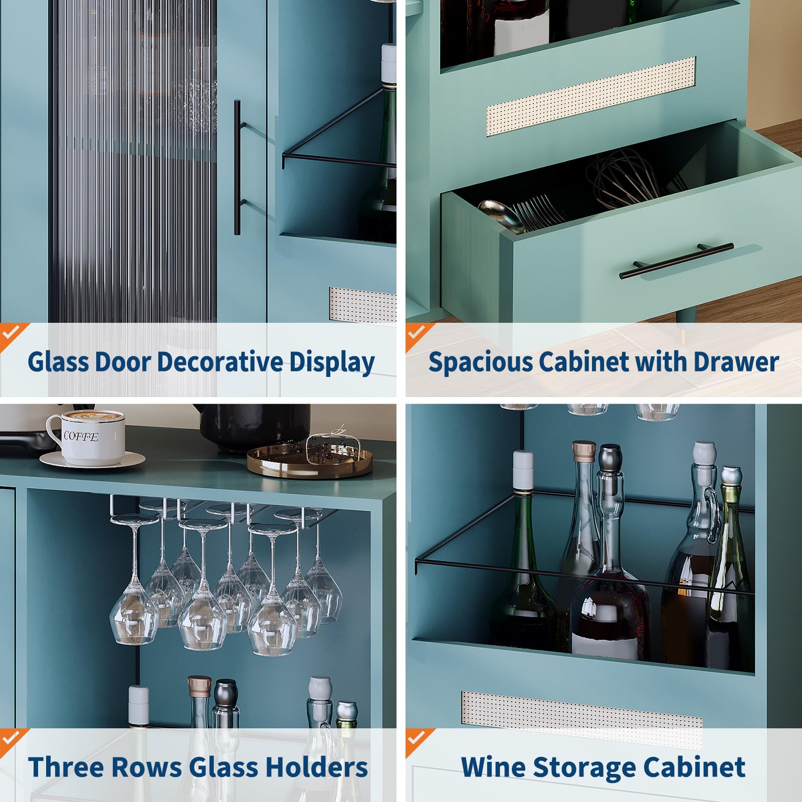 Freestanding Wine Bar Cabinet & Coffee Bar with Wine Rack, Modern Liquor Cabinet with Storage Sideboard Buffet with Tempered Glass Door & Drawers & Glass Holder for Home Dining Room, Living Room