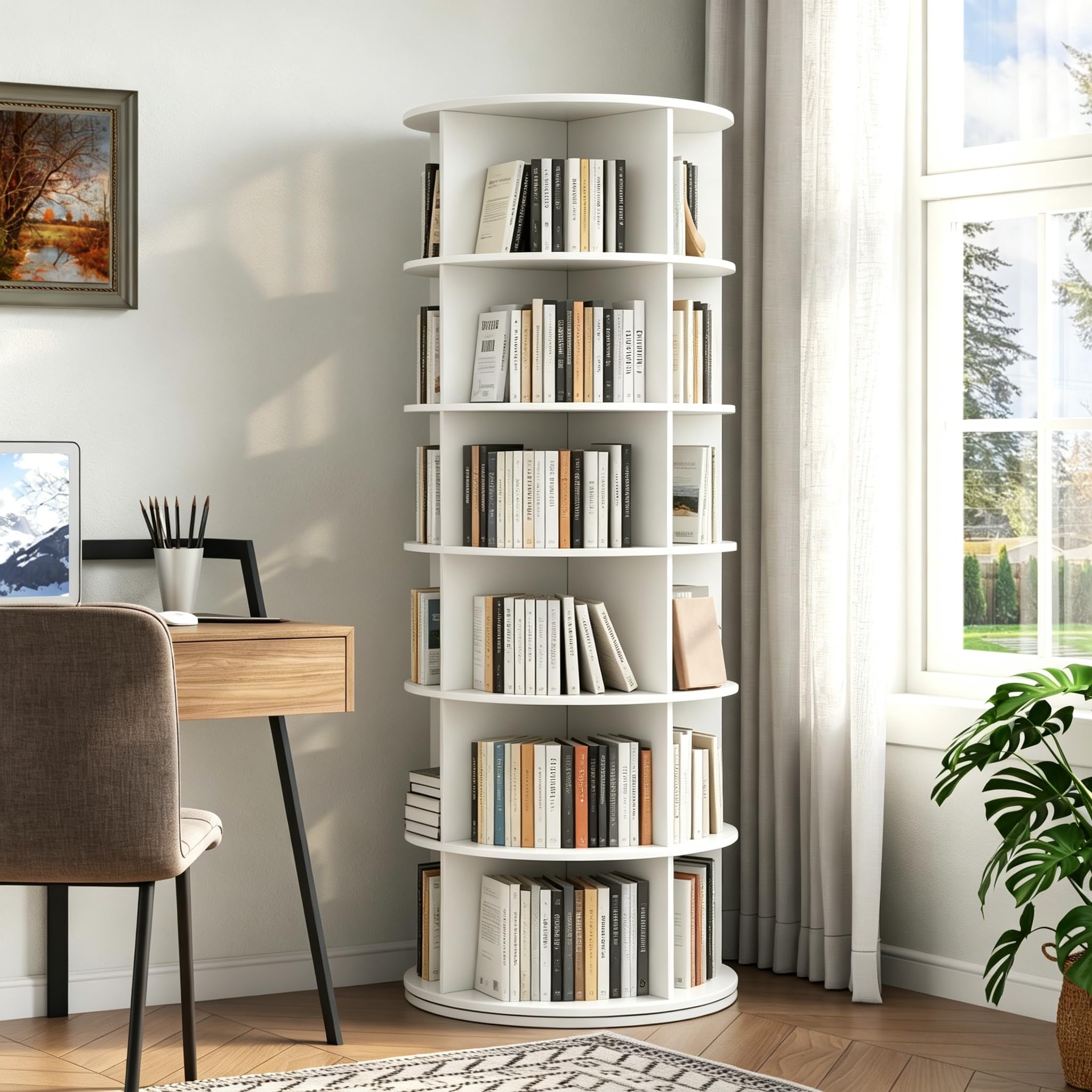 Gyfimoie Rotating Bookshelf Tower, 6-Tier Spining Corner Bookshelf 360°Revoving Bookcase Lazy Susan Storage Organizer for Kids Living Room (Pure White)