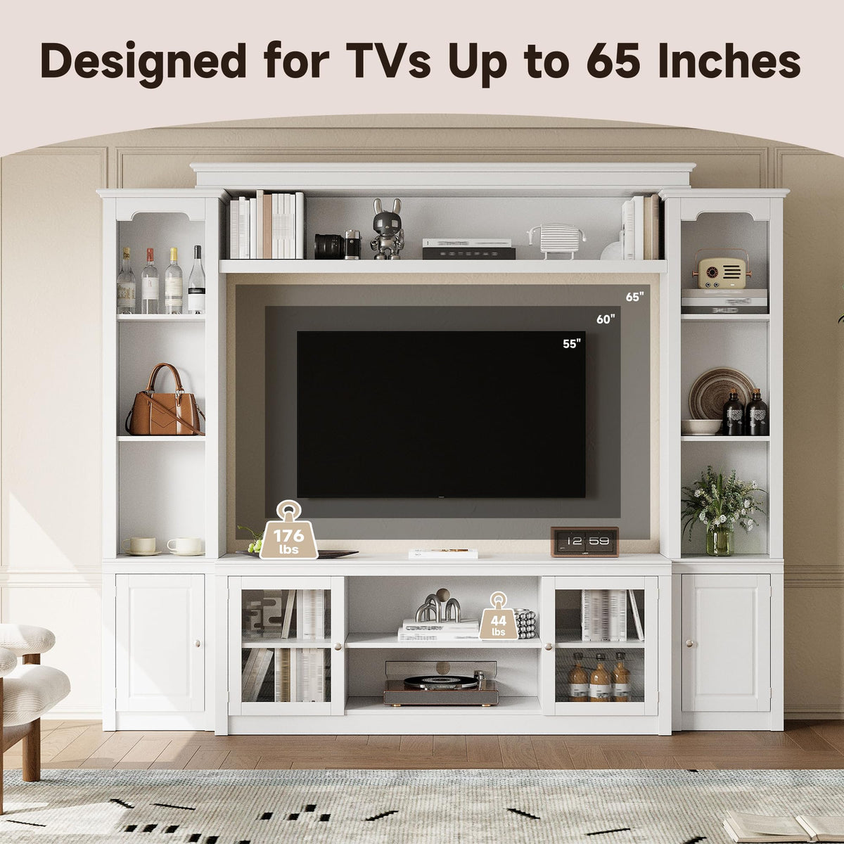 Virubi 4-Piece Entertainment Center with Bookshelf for 65" TVs, White