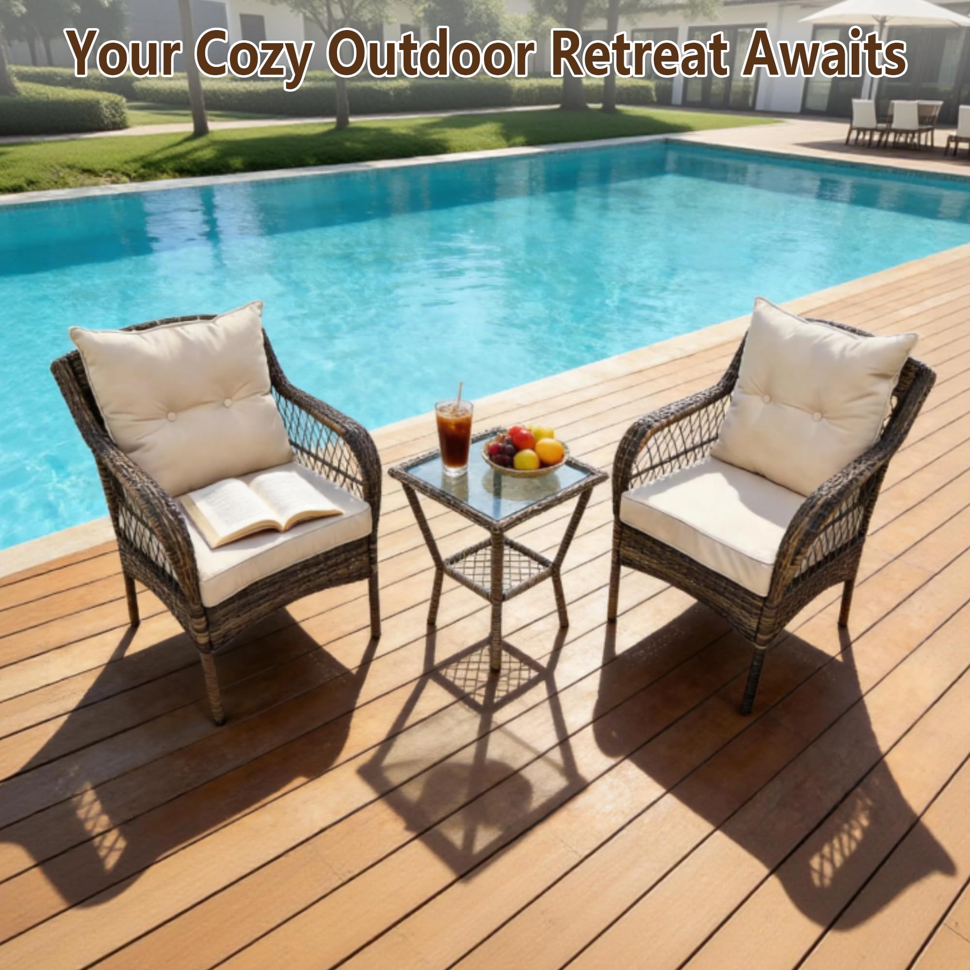 3 Piece Outdoor Wicker Patio Furniture Set, Rattan Conversation Bistro Set with 2 Arm Chairs & Tempered Side Table, All-Weather PE Rattan Chairs with Cushions for Backyard, Balcony, Garden, Beige