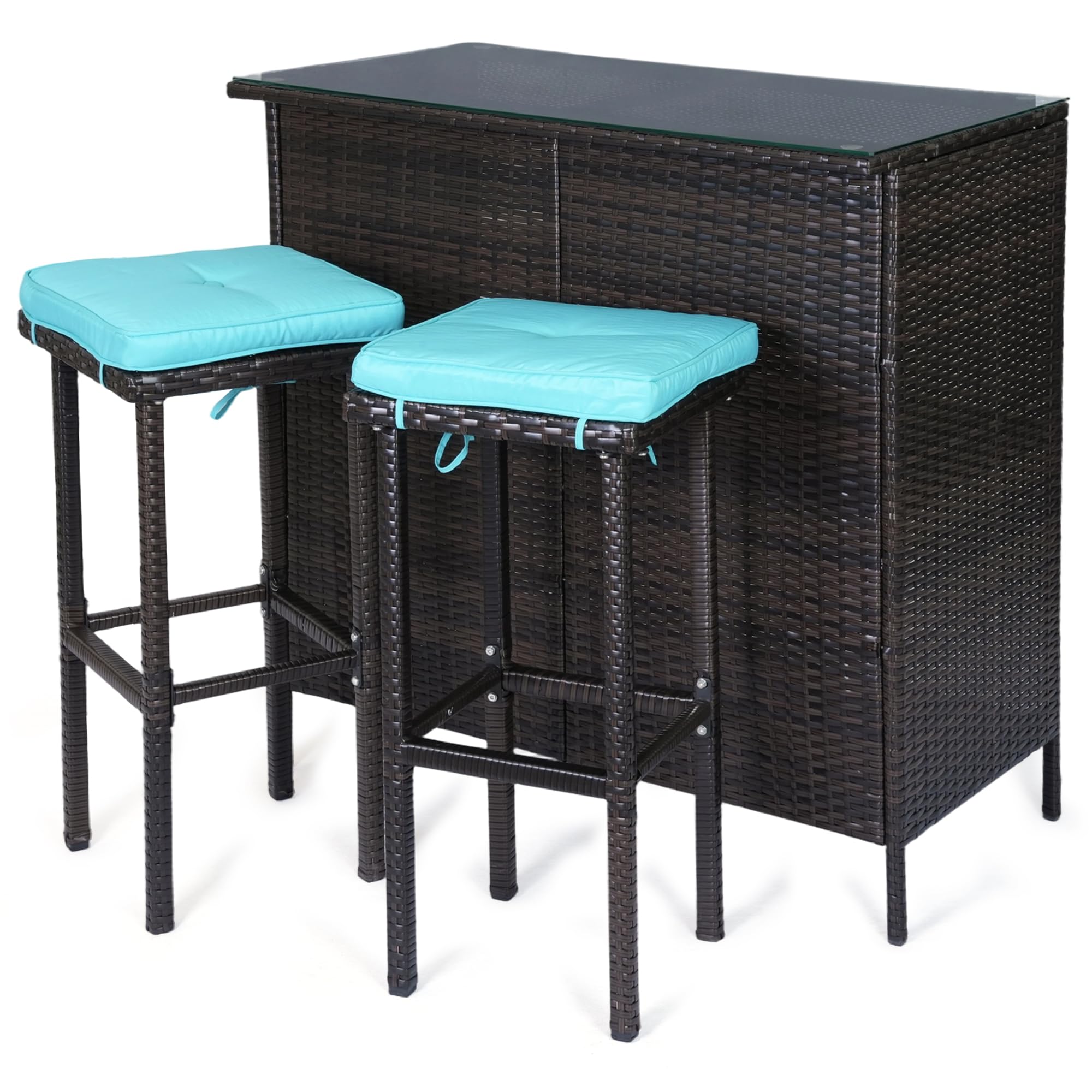 3-Piece Patio Wicker Bar Set with Glass Top & Cushioned Stools