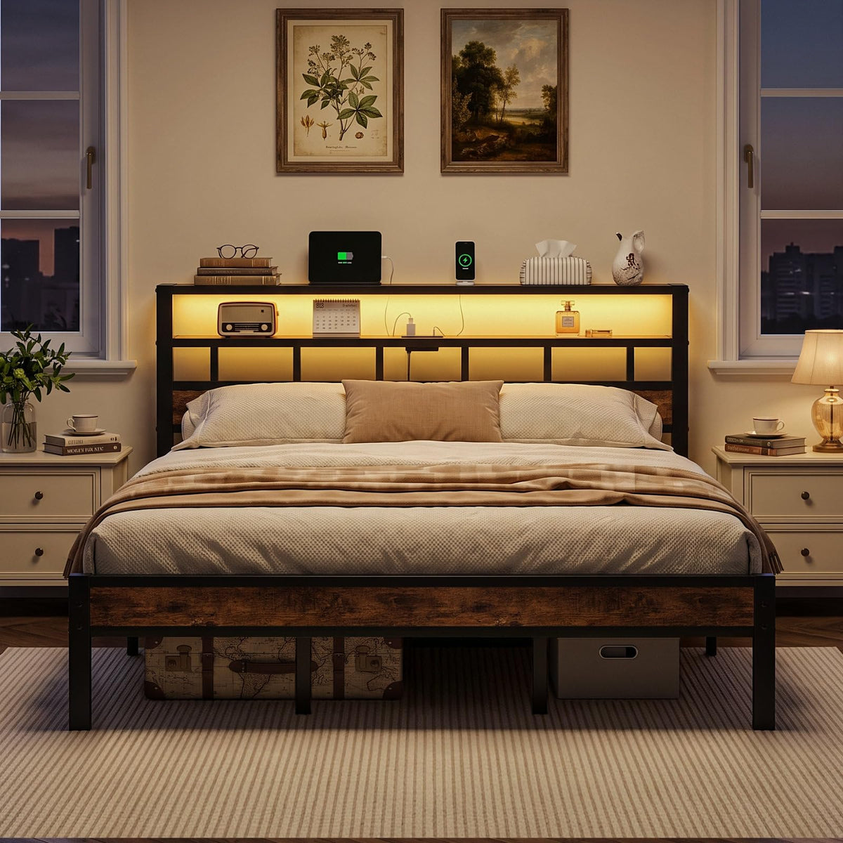 Insdiy King Bed Frame with Charging Station and LED, Metal Platform Bed