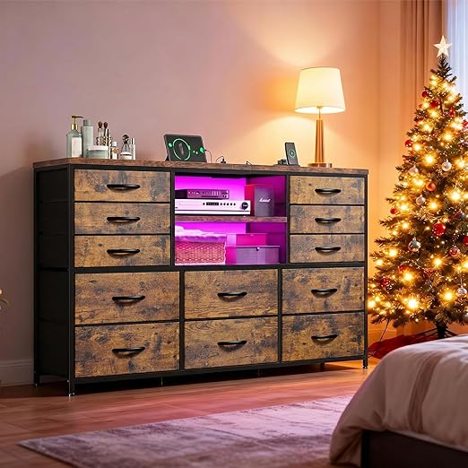 12-Drawer Dresser with LED Lights & TV Stand