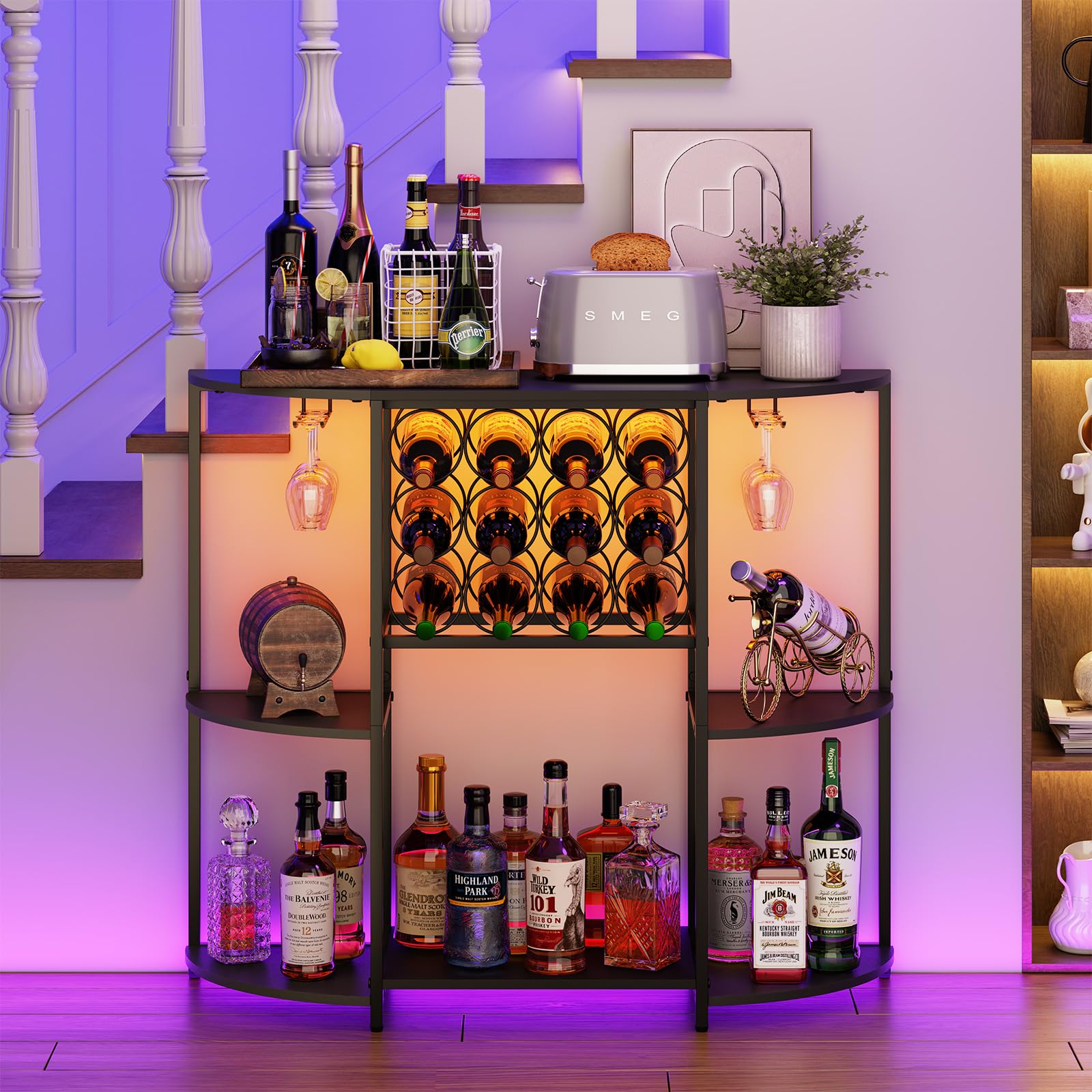 3-Tier Wine Bar Cabinet with LED Lights & Glass Holder