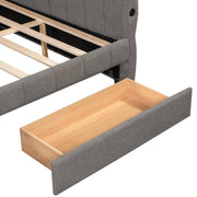 GDFStudio Queen Size Upholstered Platform Bed Frame with USB Ports & 2 Storage Drawers, Modern Sherpa Fabric Daybed Frame with Armrests, and Wooden Slats, No Box Spring Required, Gray