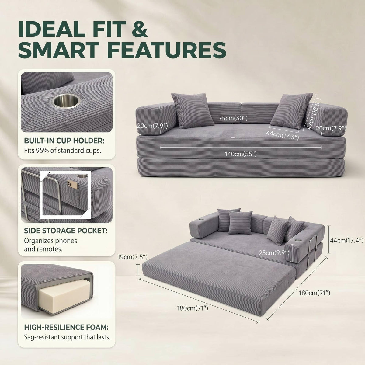 Convertible Sofa Bed, Boneless Couch with Cup Holders for Living Room