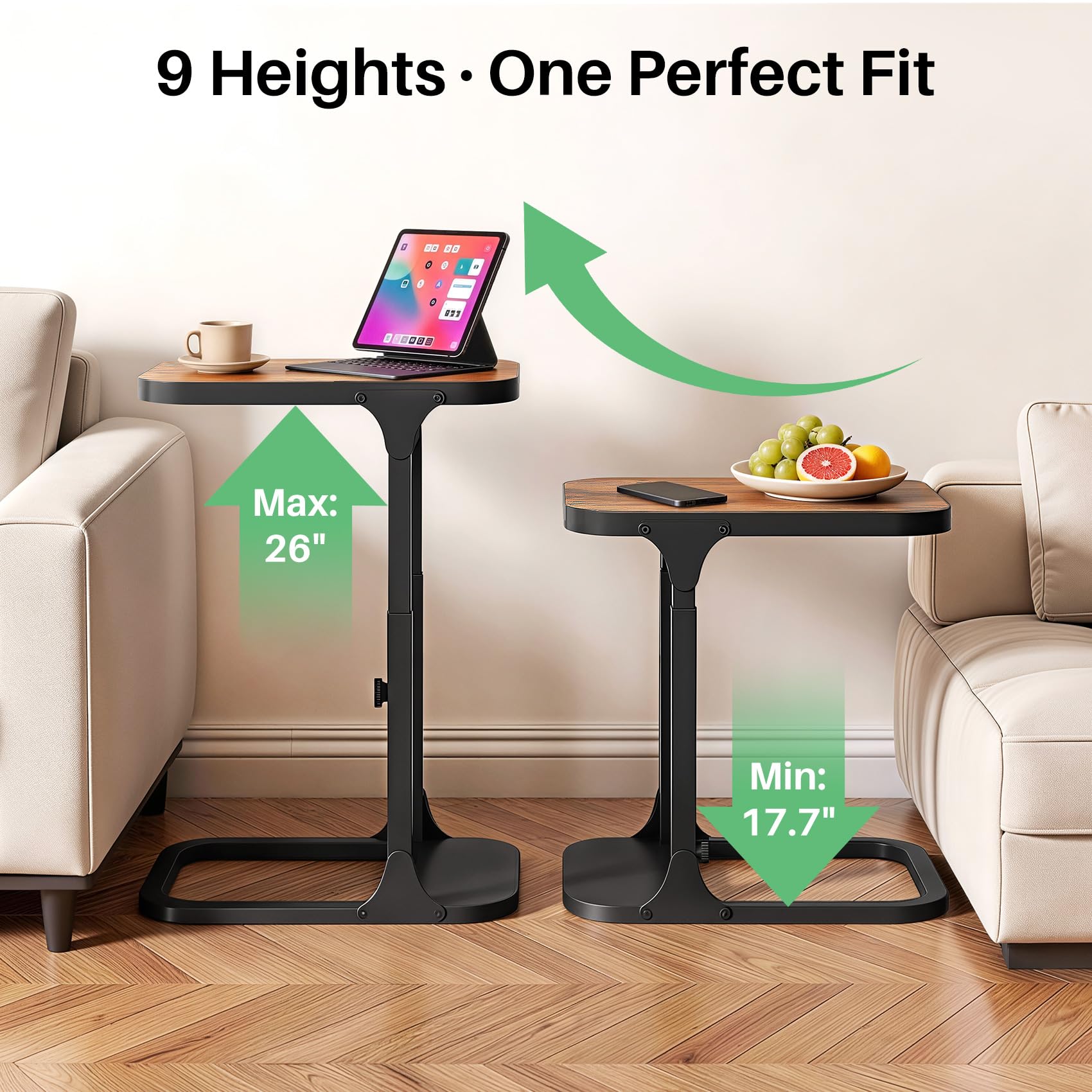 Kitstorack Ultra Stable & Durable End Table, Ajustable Height C Shaped Side Table for Couch, Sofa Side Table with Thickened Metal Frame for Living Room, Bedroom, Rustic