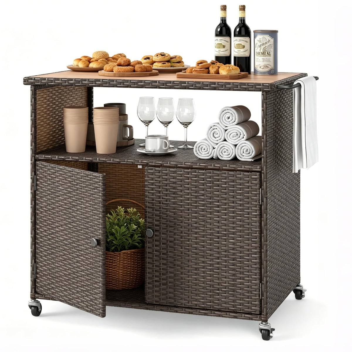 LDAILY Outdoor Storage Cabinet with 4 Wheels, Wicker Buffet Cabinet with Acacia Wood Countertop, Open Compartment & 2-Door Shelf, PE Rattan Bar Cart for Garden, Kitchen & Backyard