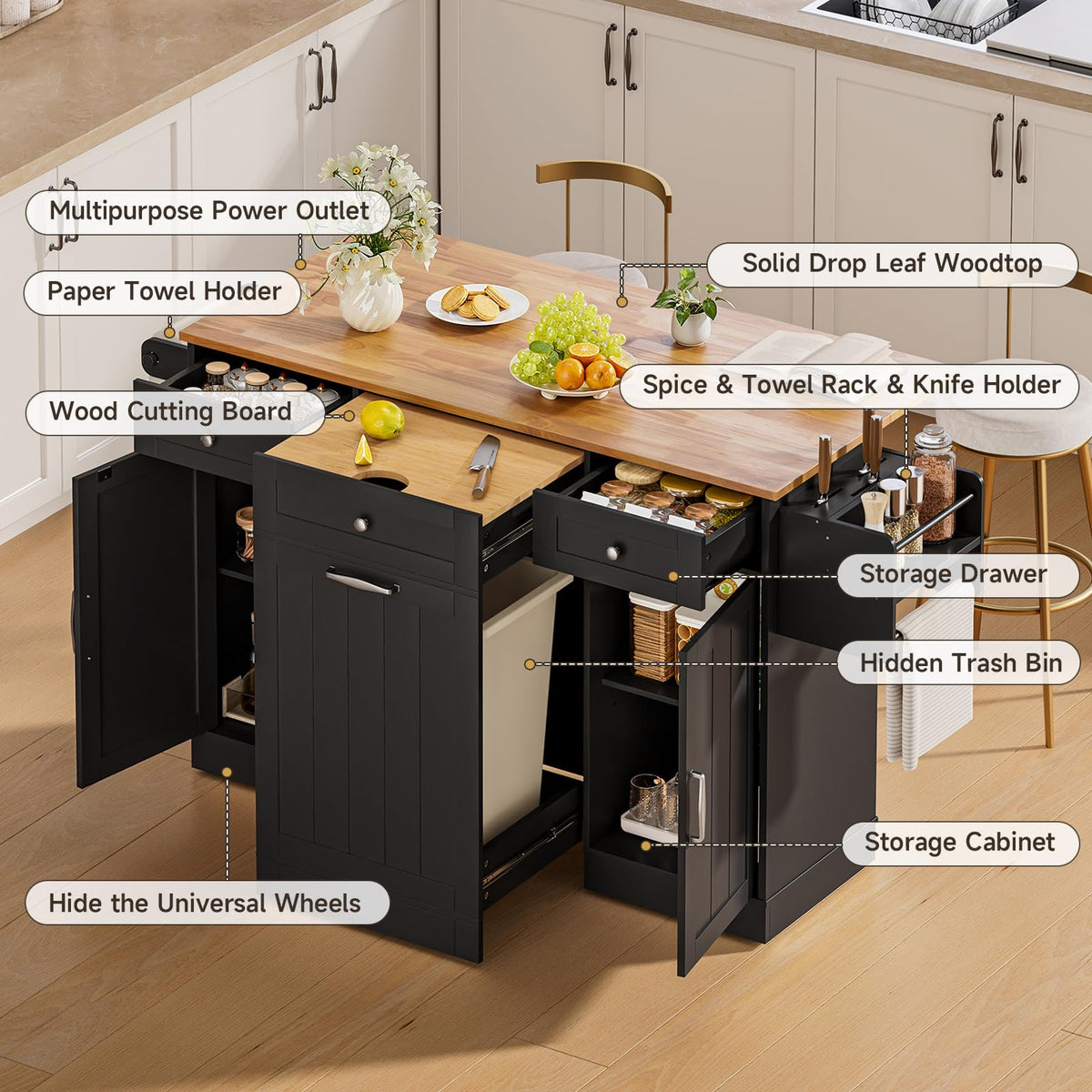 ONBRILL Kitchen Islands with Movable Wood Cutting Board & Trash Can, Black