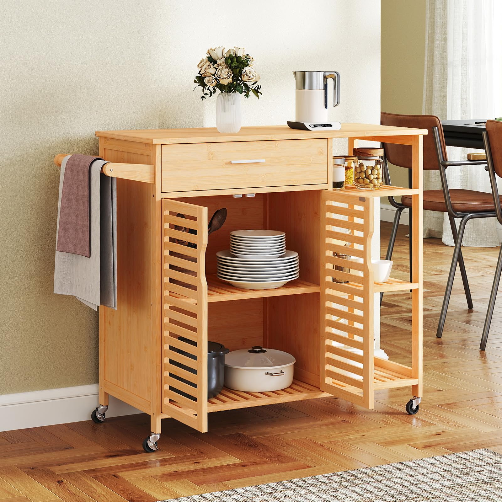 Giantex Bamboo Kitchen Island Cart, Mobile Serving Cart with Drawer, 2-Door Storage Cabinet, 3-Tier Shelves & Towel Rack, Rolling Utility Trolley for Dining Room (Natural)