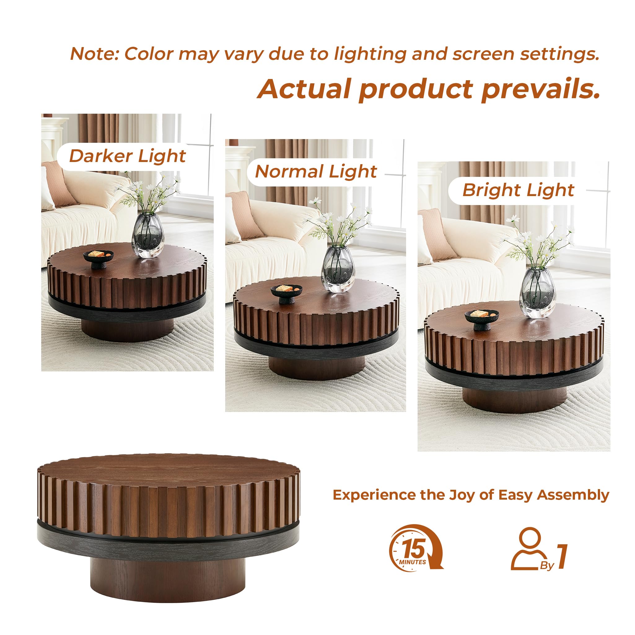 LKTART 31.5" Fluted Drum Coffee Table, Round Center Table with Black Walnut Accent & Textured Base, Easy Assembly, Mid-Century Modern Wood Veneer Cocktail Table for Living Room, Apartment, Office