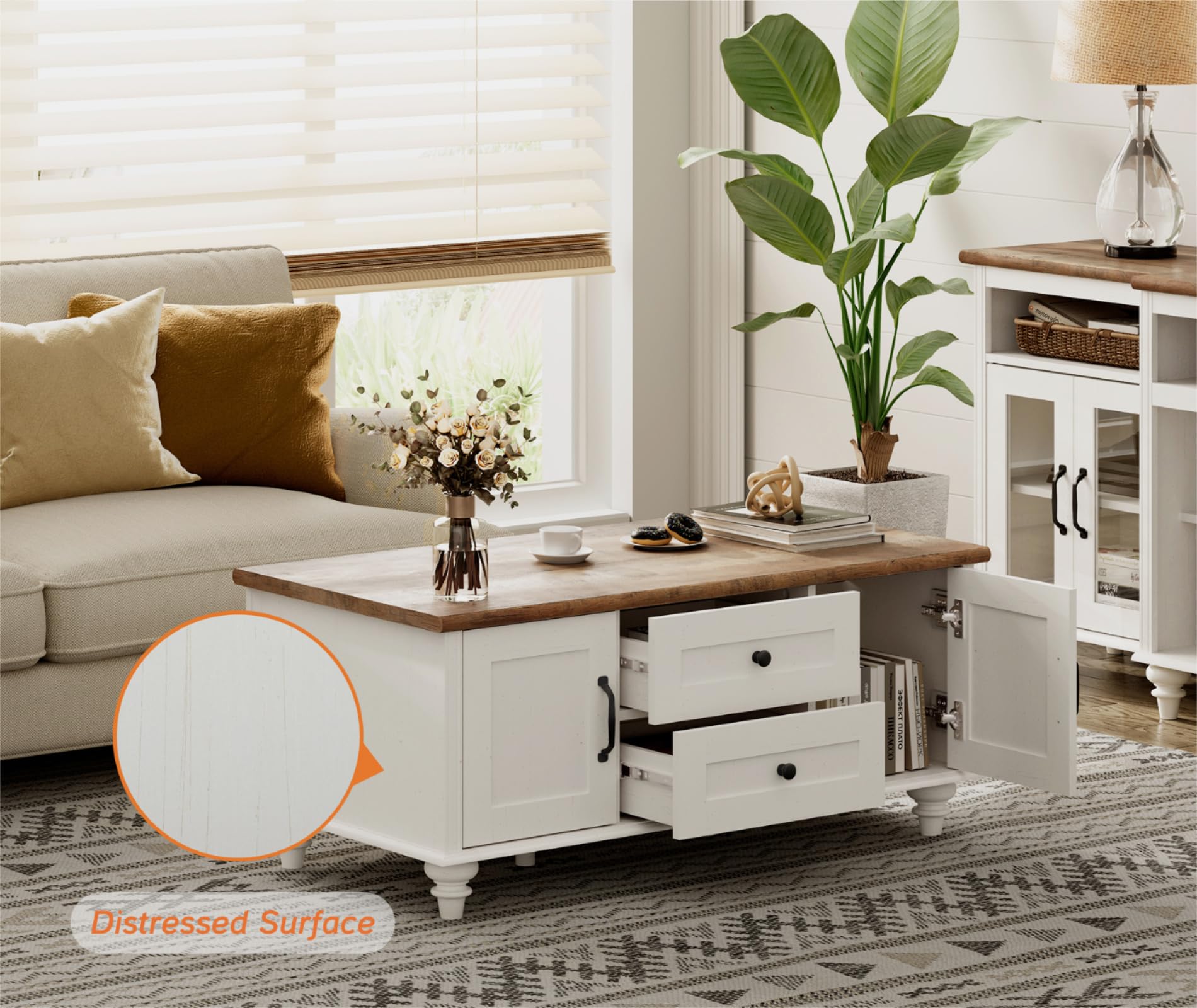 WAMPAT 3 Pieces Living Room Table Set, One Modern Coffee Table with Storage Cabinet, Set of 2 End Tables Nightstands with Charging Station, White
