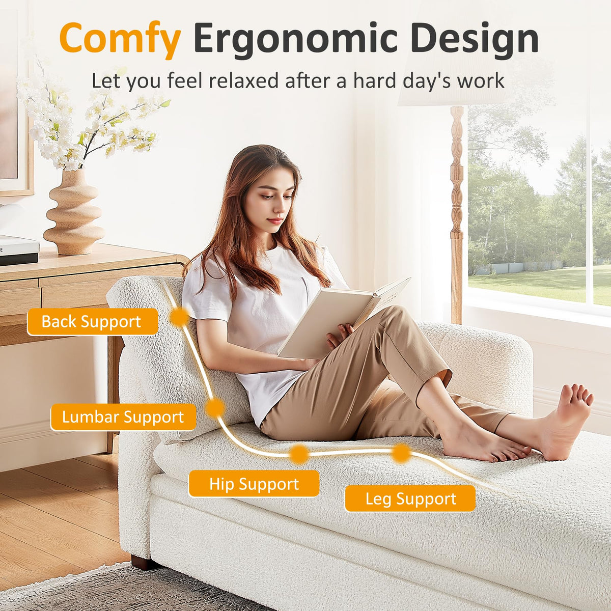 White Boucle Storage Chaise Lounge