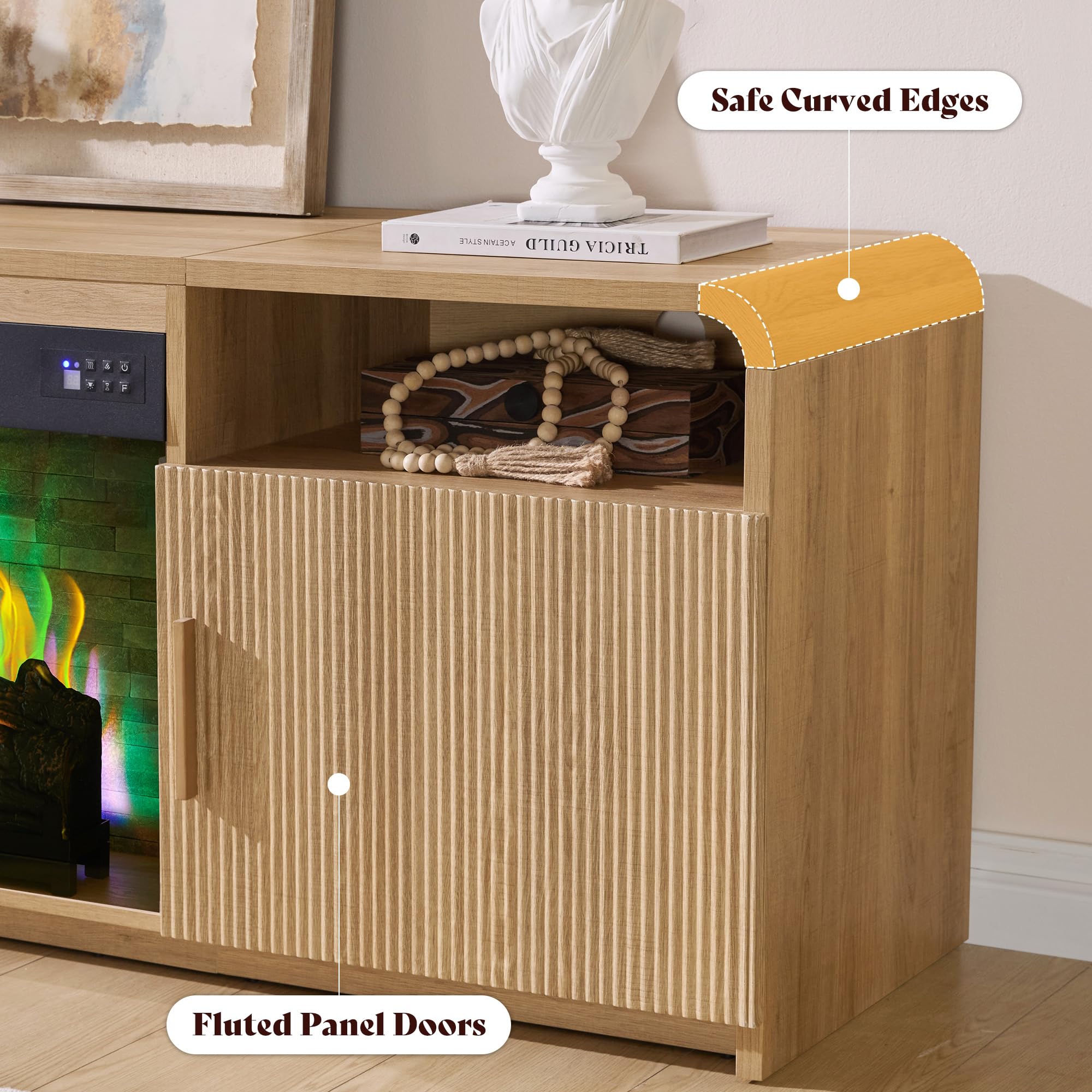 AMERLIFE 70" Fluted Fireplace TV Stand for TVs Up to 80", Modern TV Console with 30" Electric Fireplace & Storage Cabinets, Media Entertainment Center for Living Room, Natural Oak