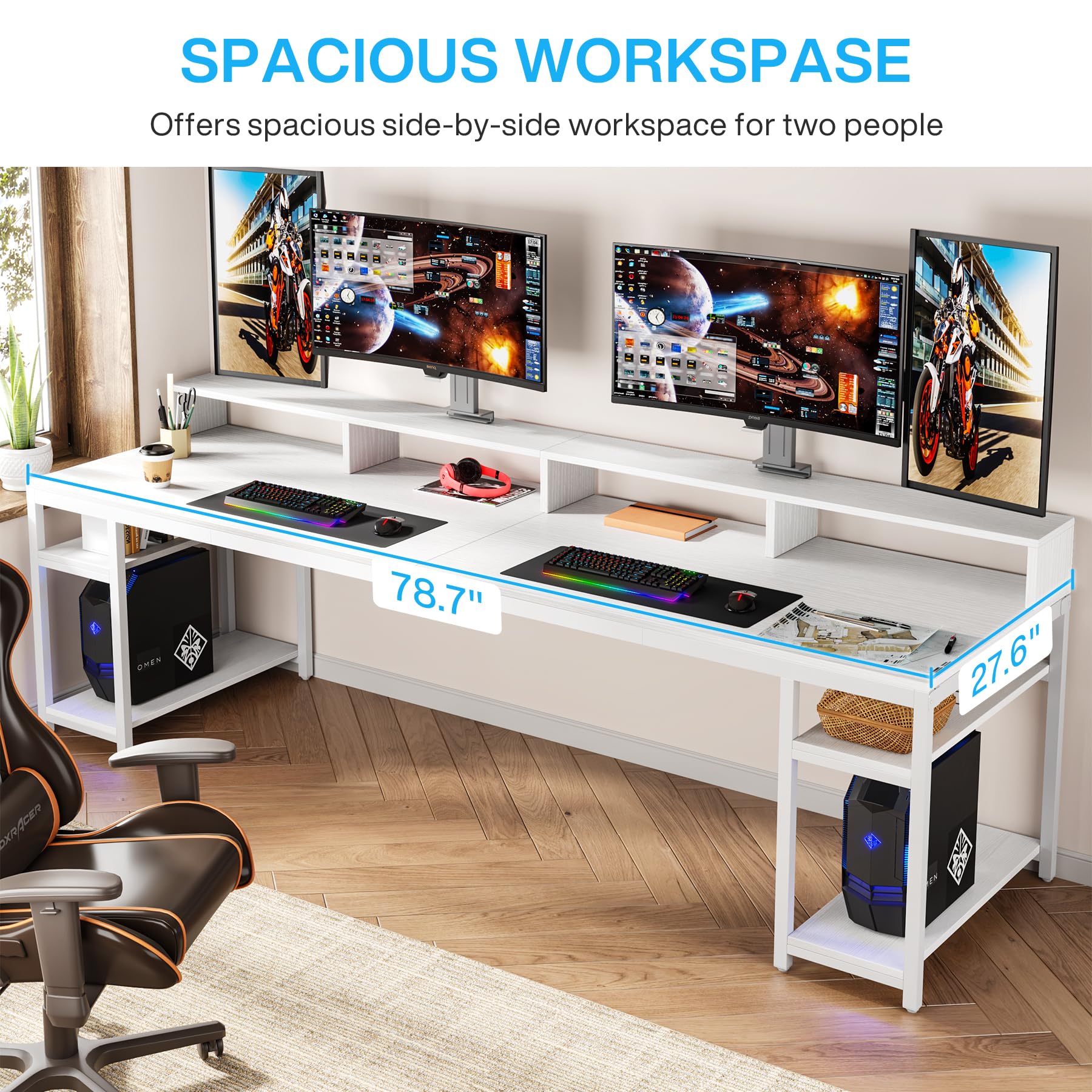 78.74" Double Desk with Monitor Stand & Storage Shelves