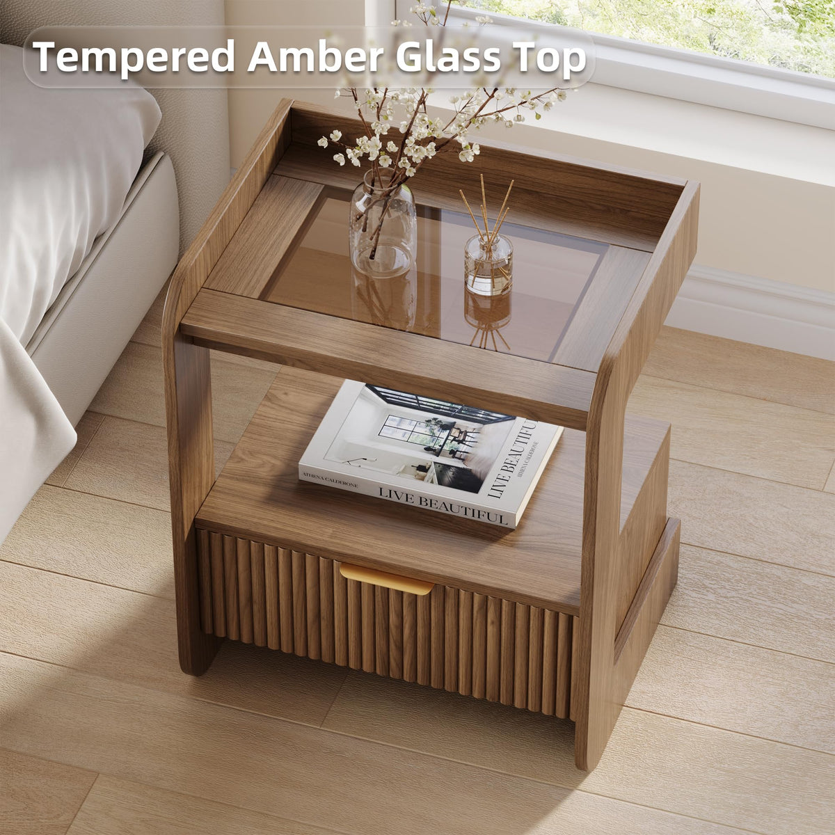 Fluted Nightstands Set of 2, Mid Century Modern Night Stand with Drawer and Open Shelf, Amber Glass Top Wood Bedside End Tables for Bedroom and Living Room