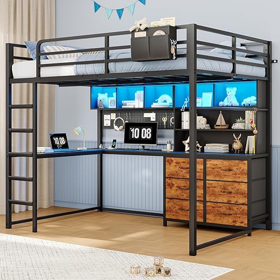 Full Size Loft Bed with Desk, Storage & LED Lights