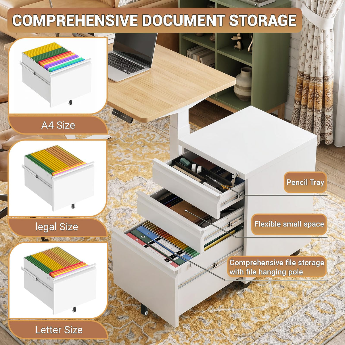 CHRONOGRAIN 3 Drawer File Cabinet with Lock and Casters,White