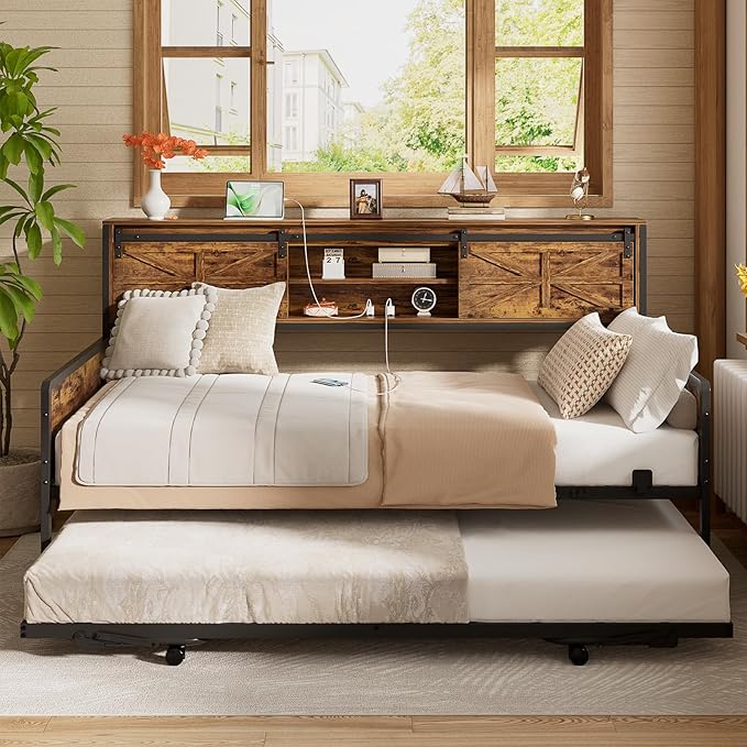 Twin Daybed with Pop-Up Trundle & Bookcase Headboard
