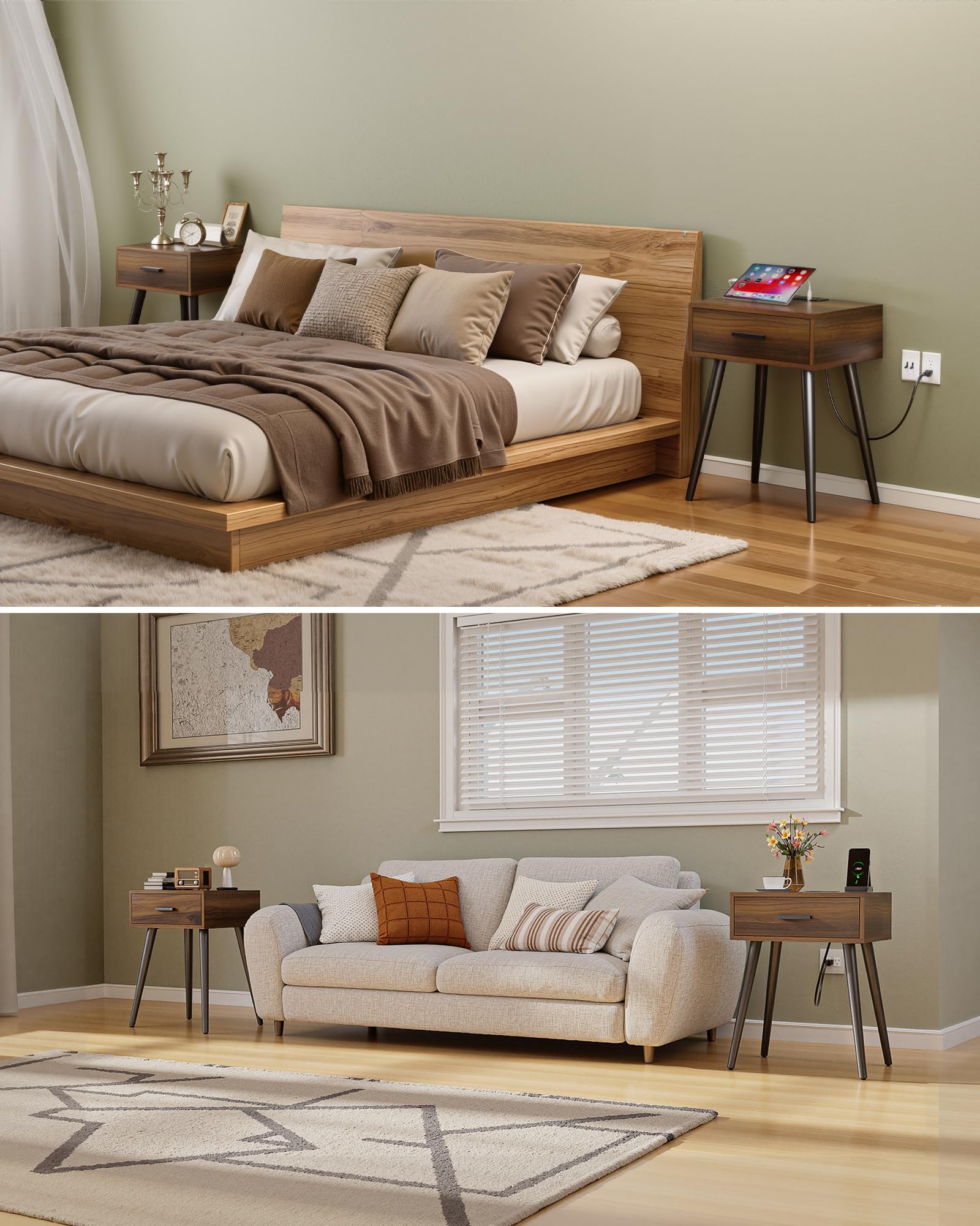 Nightstand Set of 2 with Charging Station & Storage Drawer