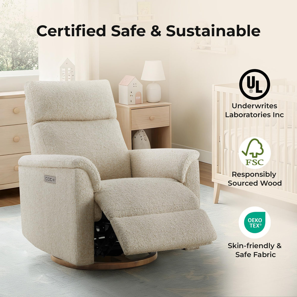 CHITA Power Recliner Chair with Nightlight, Nursery Glider, Boucle in Sand