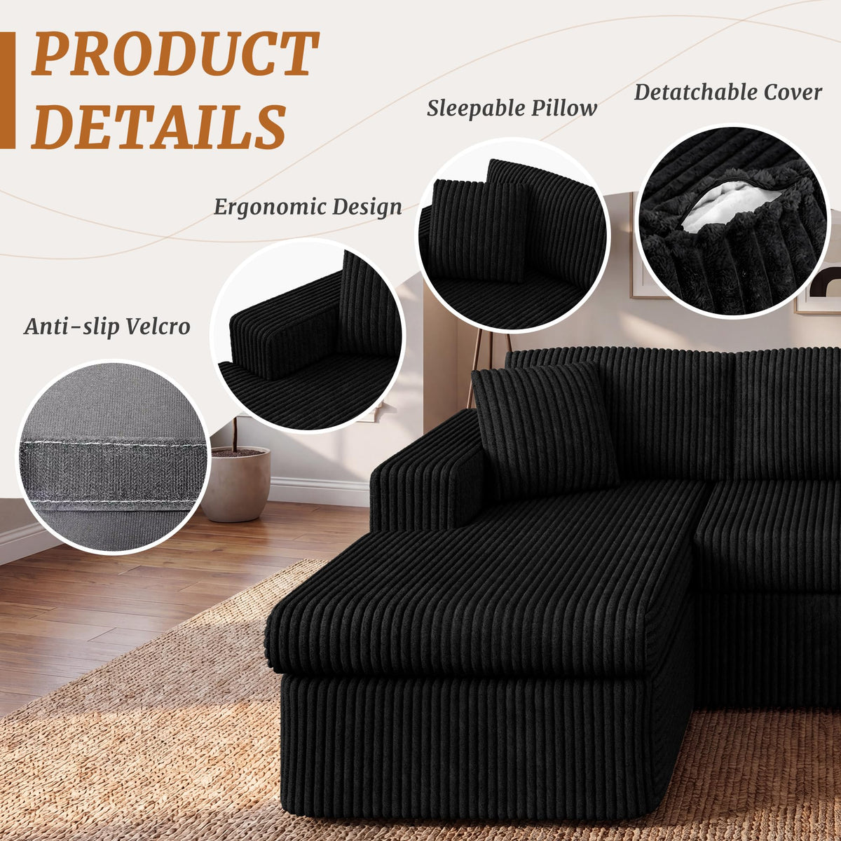 Corduroy L-Shaped Modular Sectional Sofa