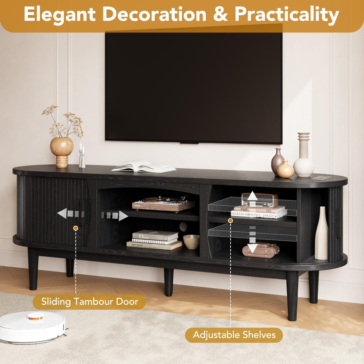 Decofy 63" Fluted TV Stand for TVs Up to 70" with Charging Station, Black