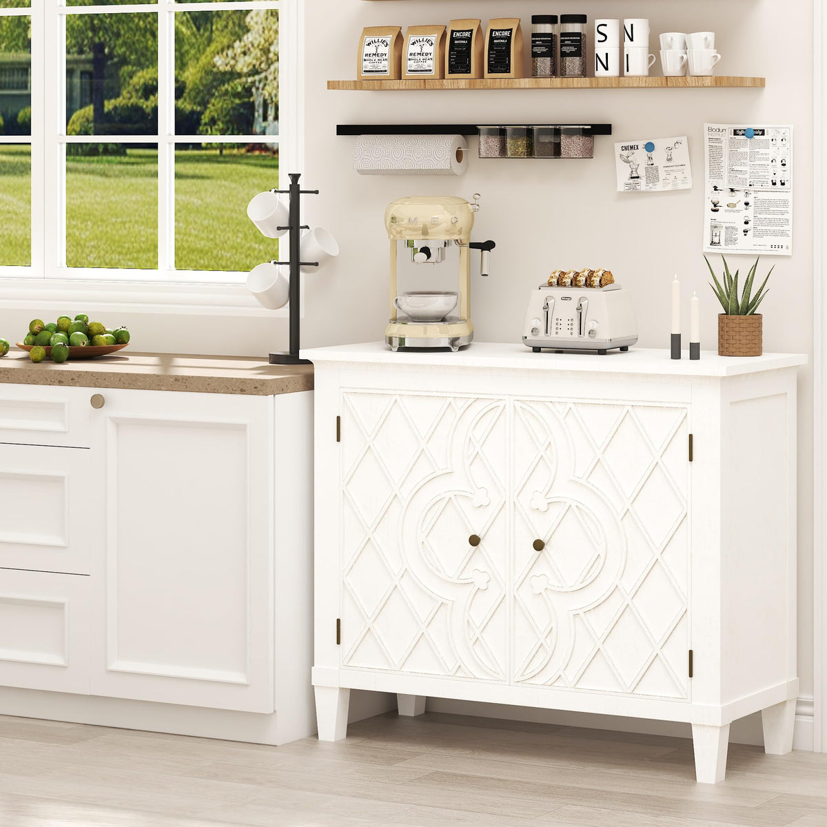 Karlott Buffet Cabinet with Storage, Wood Sideboard Accent Cabinet, White