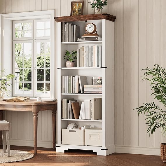 5-Tier Farmhouse Bookshelf with Adjustable Shelf