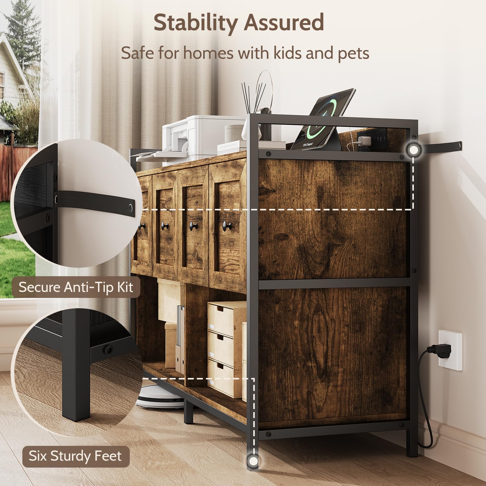 Lateral Filing Cabinet with Power Outlet & Storage Shelves
