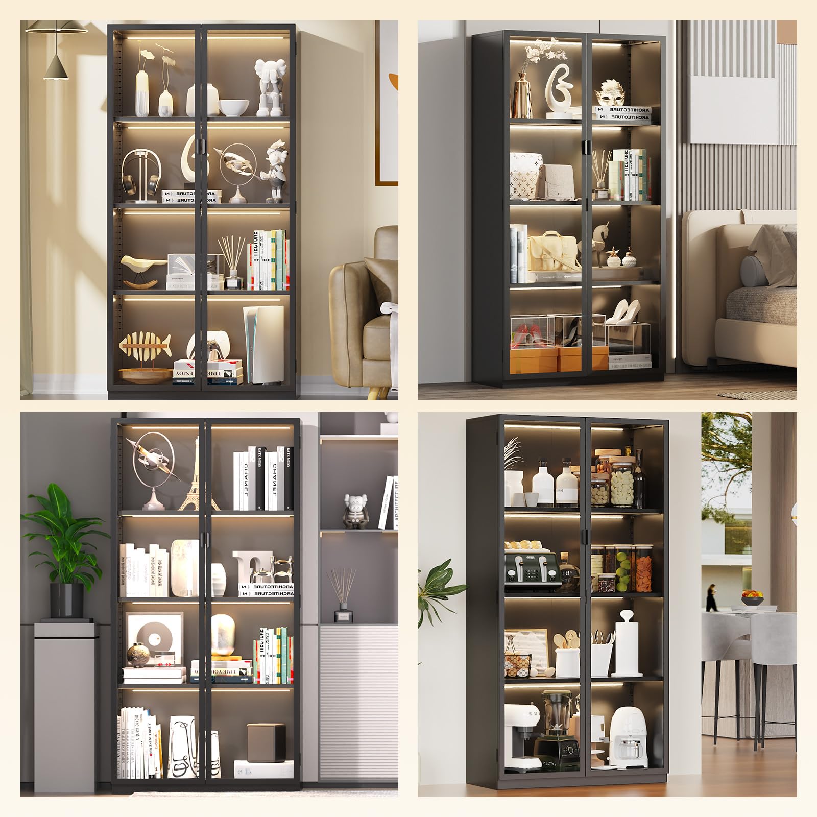 Glass Display Cabinet with LED Lights & Adjustable Shelves