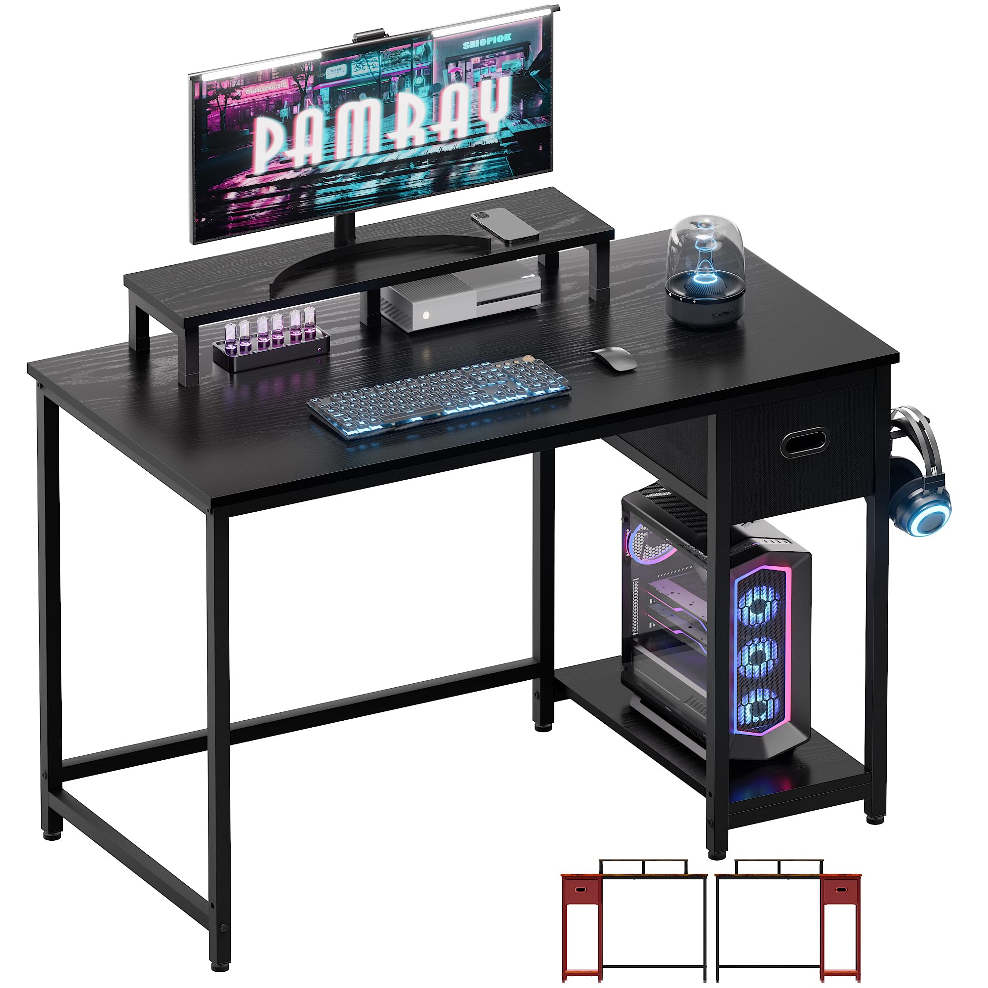 Computer Desk with Monitor Stand, Storage Drawer & Hooks