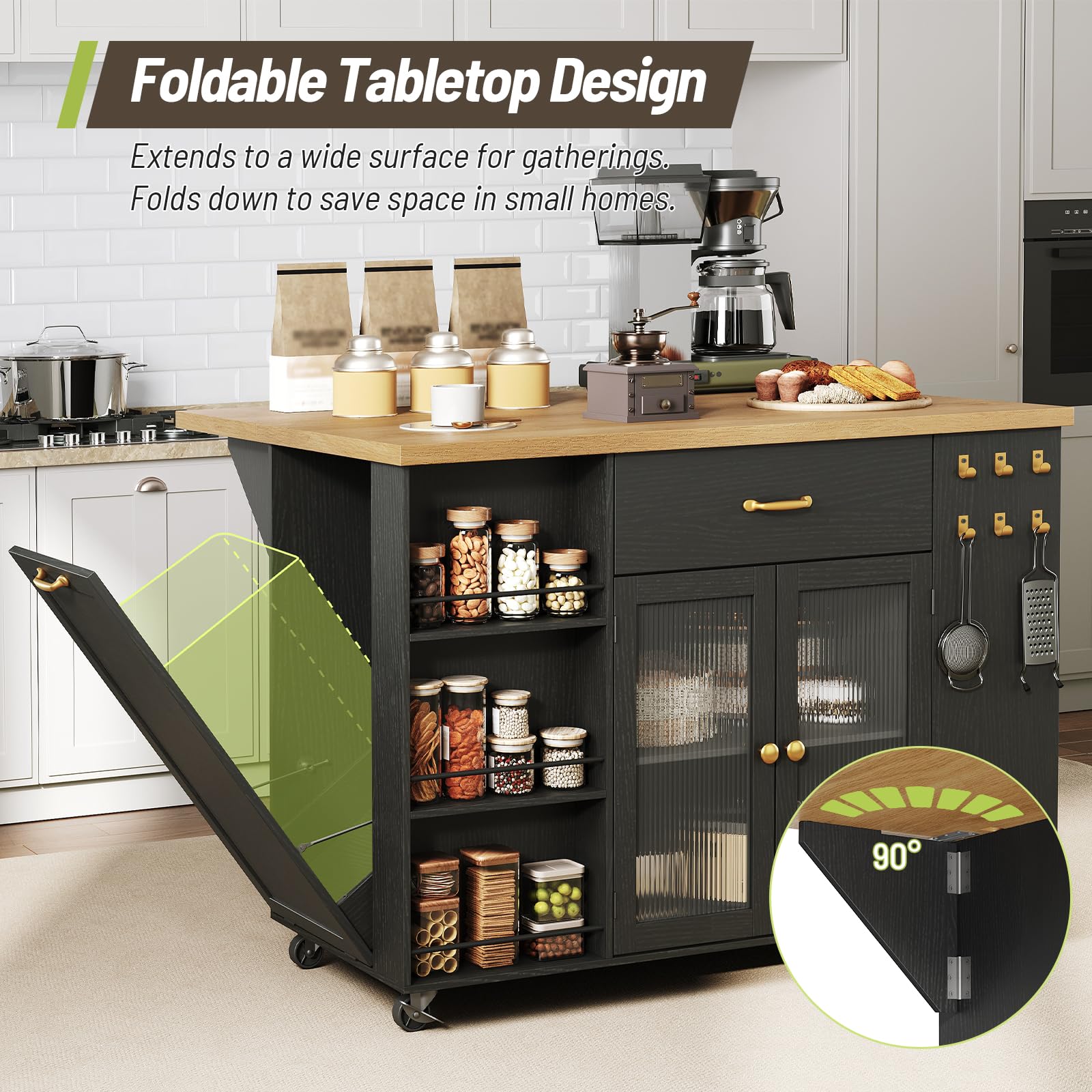 STHYTON Kitchen Island with Drop-Leaf and Charging Station, Mobile Kitchen Cart on Wheels, 2 Storage Drawers, Trash Cabinet, 3-Tier Open Shlves, Island Table for Kitchen, Dinner, Black and Natural