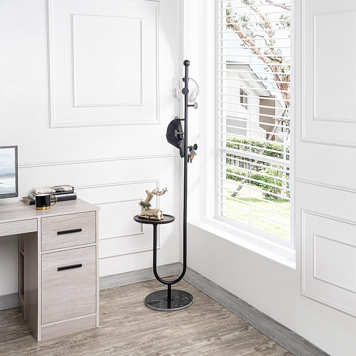 JIAYUEJU Coat Rack Freestanding with Table for Entryway (Black)